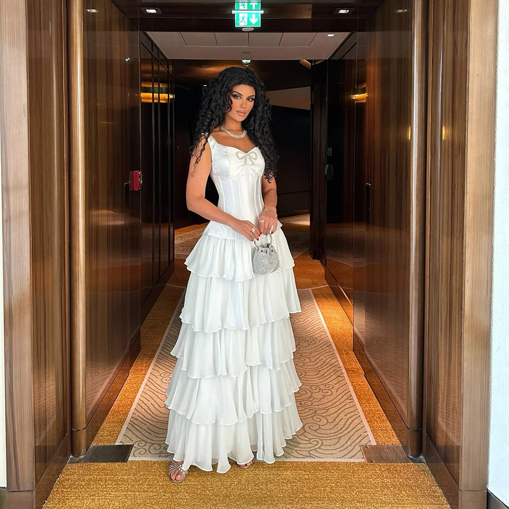 

Белое шифоновое вечернее платье на бретельках по индивидуальному заказу, драпированное вечернее платье без рукавов с оборками, вечернее платье трапециевидной формы до щиколотки, платье для выпускного вечера