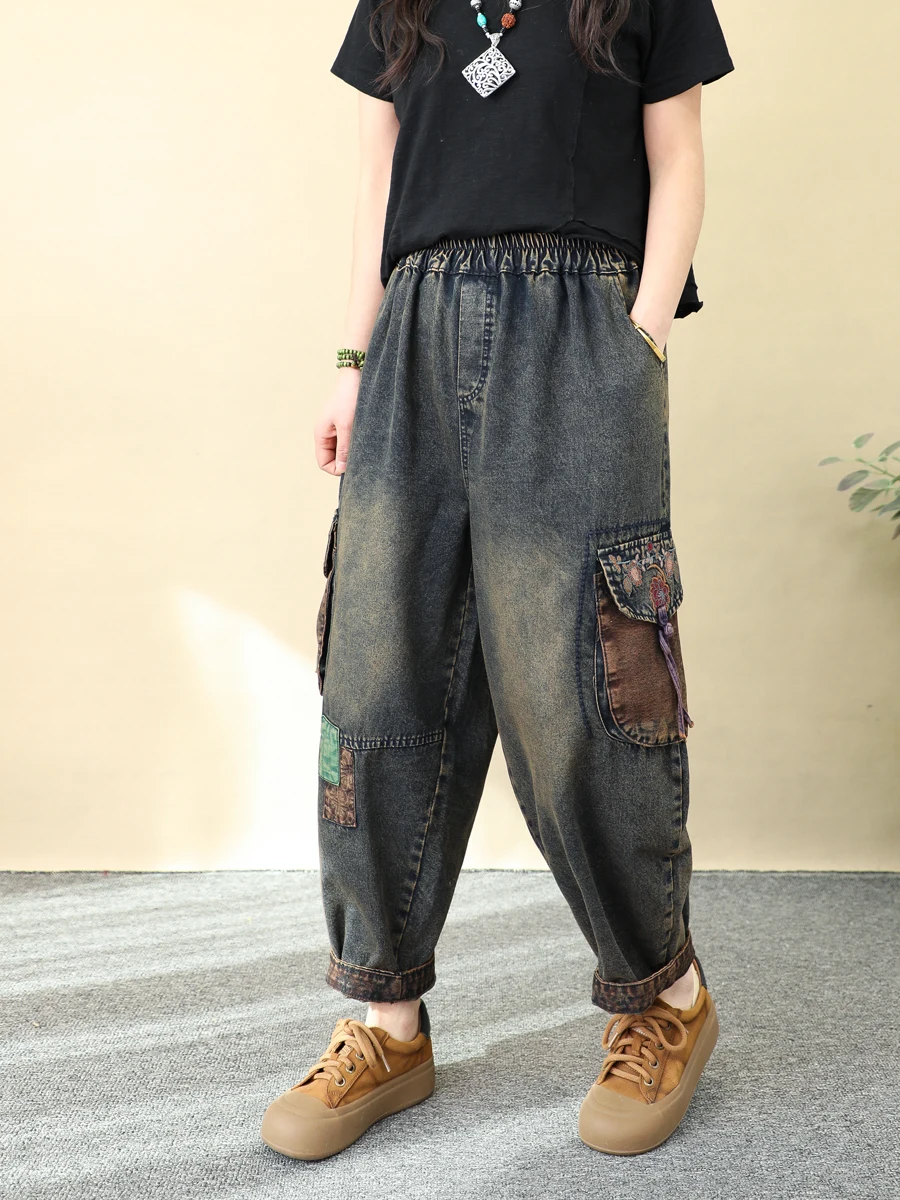 Pantalones vaqueros bordados con parche de bolsillo estampado de estilo étnico Vintage para mujer pantalones bombachos recortados bordados sueltos primavera
