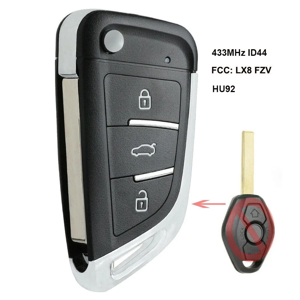 Keyecu Upgraded Flip Remote Key fob 315/433MHz ID44 EWS System for BMW E36 E38 E39 E46 E53 E60 E61 E81 X3 X5 Z3 Z4 LX8 FZV