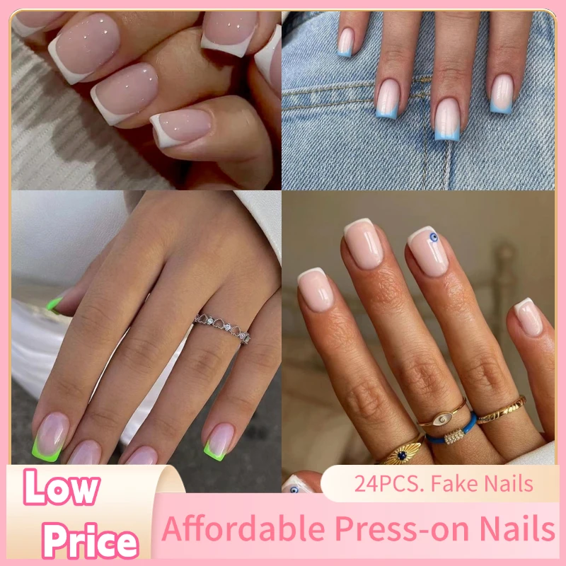 

24pcs Fanshion Fake Nails Square Head French Full Cover Nail Art Affordable Press on Nails Easy to Apply For Girls Daily Use