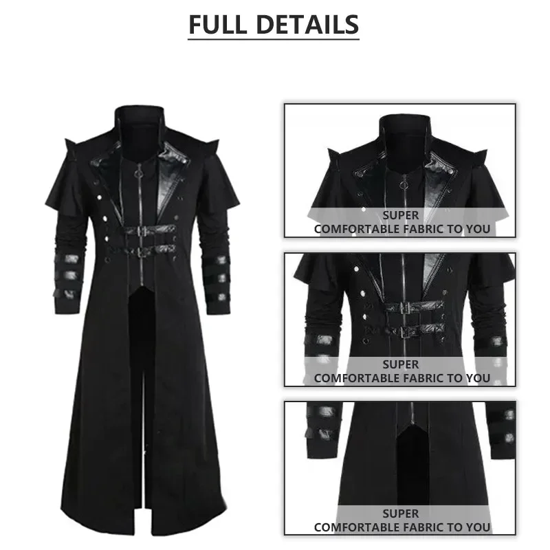 Vintage Halloween Medieval Steampunk Elves Pirate Costume Adult Men Black Long Split Jacket Gothic Armor Leather Coats