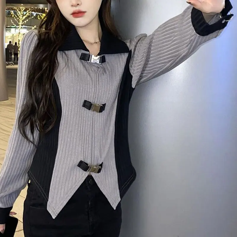 Korean Solid Color Patchwork Shirt Spring Autumn Long Sleeve Women\'s Clothing Commute Polo-Neck Casual Fashion Irregular Blouse