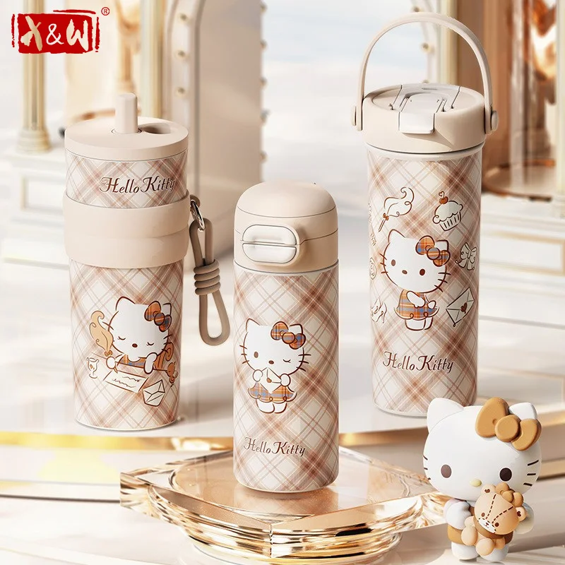 

X&W Hello Kitty Insulated Water Bottle Brown series Kawaii Hello Kitty Stainless Steel Thermos Coffee Cup Outdoor Cold drink cup