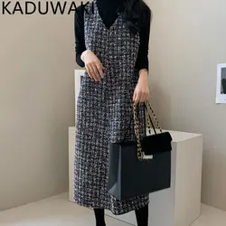 Vintage Small Fragrance V-neck Tweed Vest Dress Women Autumn Winter 2024 Loose Casual Vestidos Mujer Korean Chic Elegant Robes