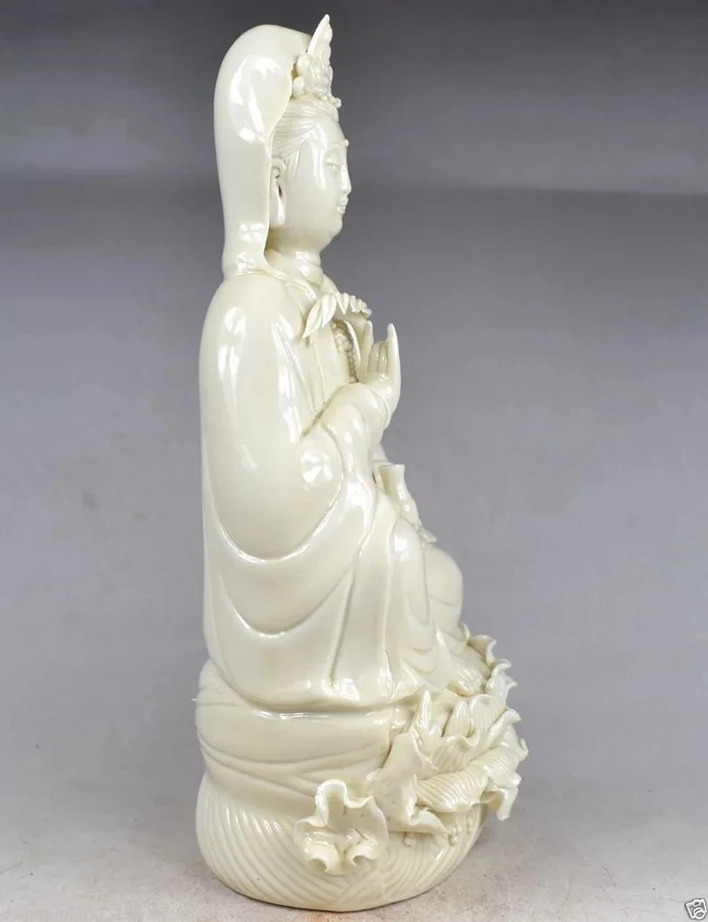 Exquisite China Dehua White Porcelain Kwan-Yin Sitting on Lotus Big Statue