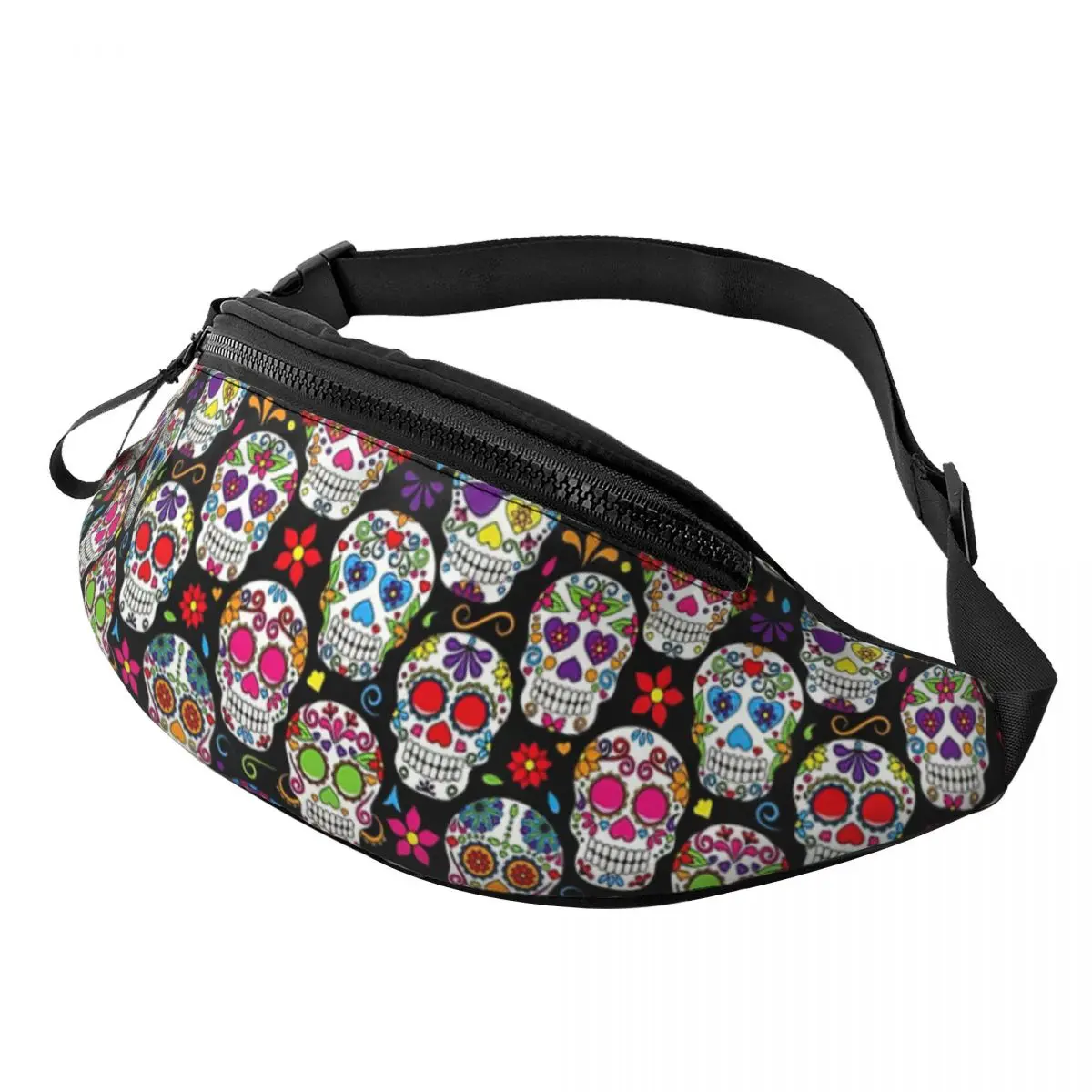 Custom Brightly Colored Sugar Skulls Fanny Pack for Women Men Cool Flower Crossbody Waist Bag Travel Hiking Phone Money Pouch