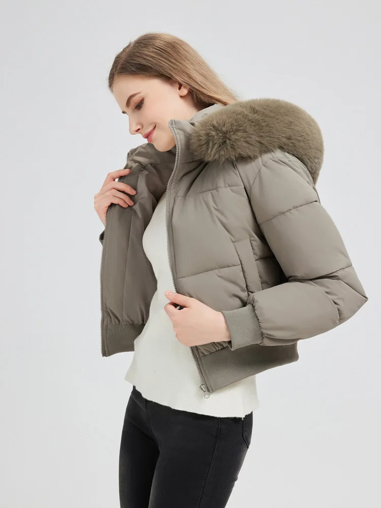 Veste rembourrée à col en fourrure pour femme, manteau court en coton, manches longues, fermeture éclair, Chic, ample, épais et chaud, hiver