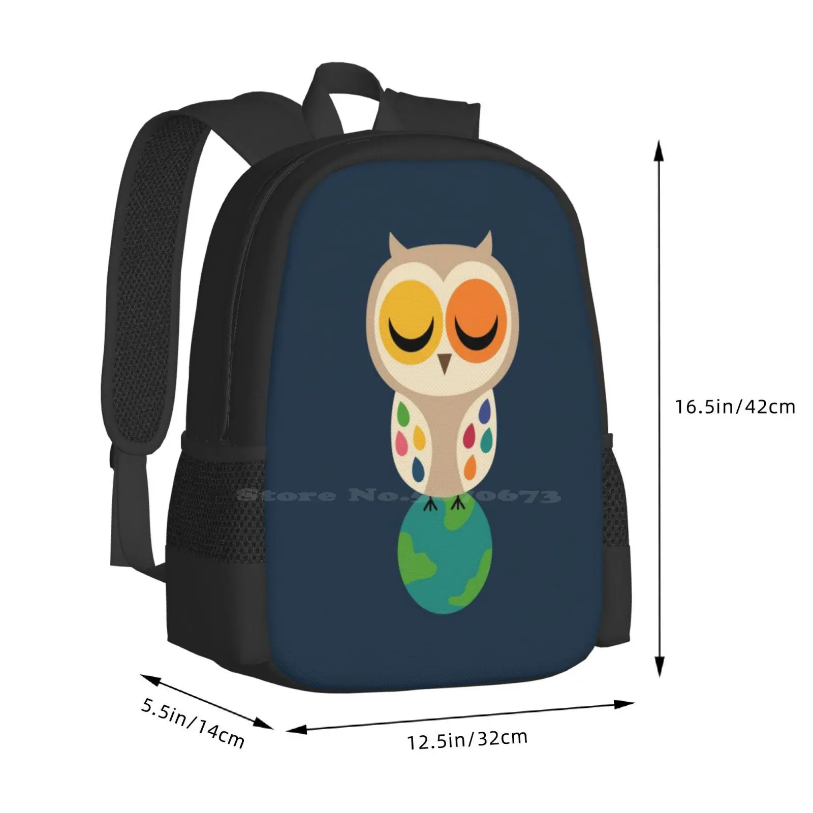 Owl Spirit Teen College Student Backpack Pattern Design Bags Owl Spirit Positive Day Night Earth Sun Moon Animals Cute Happy