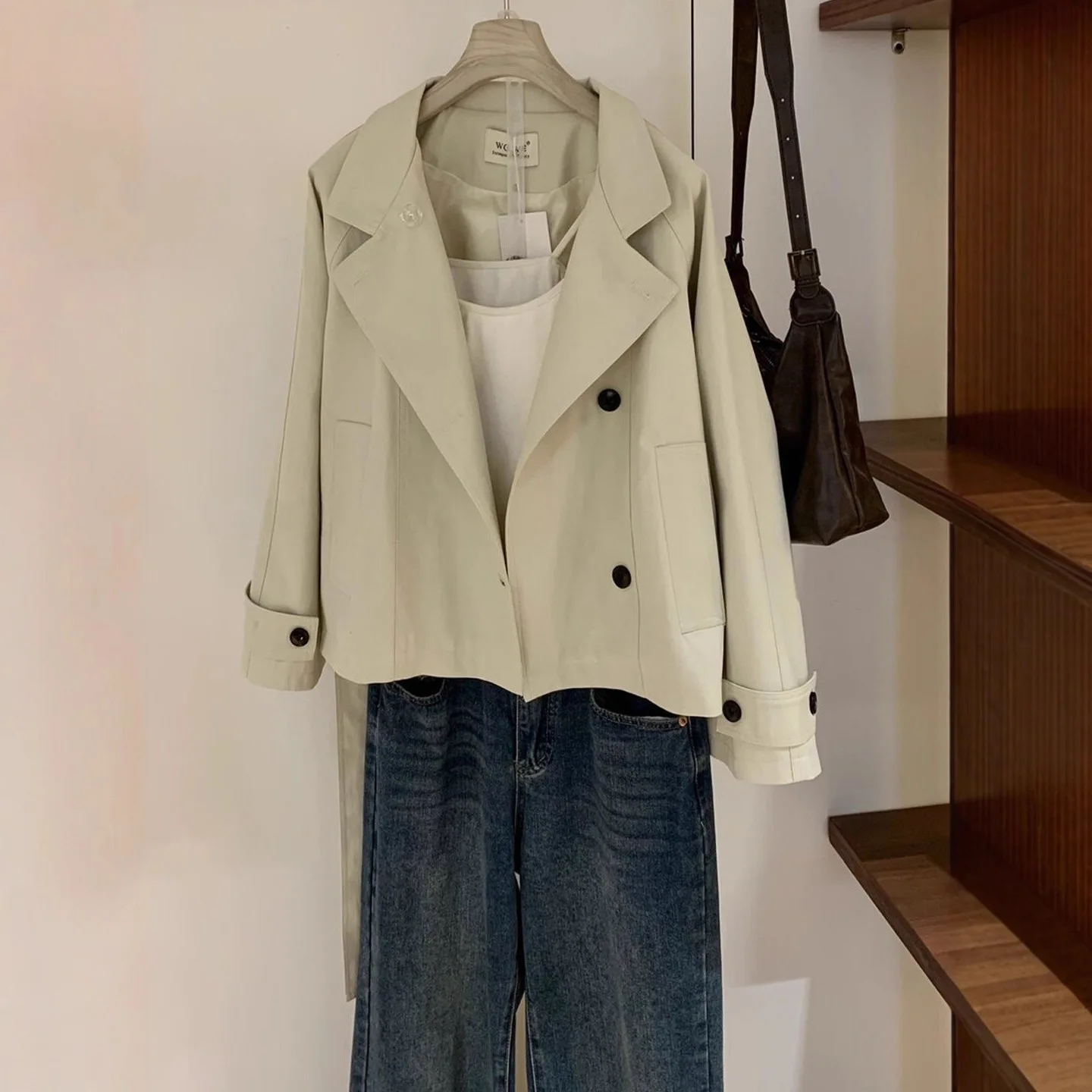 Women Solid Trench Coats Short Jackets Lace Up Long Sleeves Stand Collar Single Breasted Slim Fit Office Lady Casual 2026 Spring