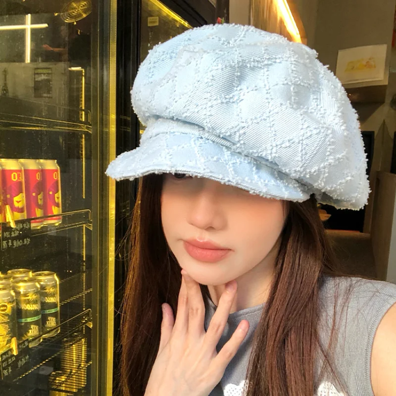 

Korean Niche Design Solid Color Berets Caps for Women Summer and Autumn New Rough Edge Plaid Versatile Retro Octagonal Hats