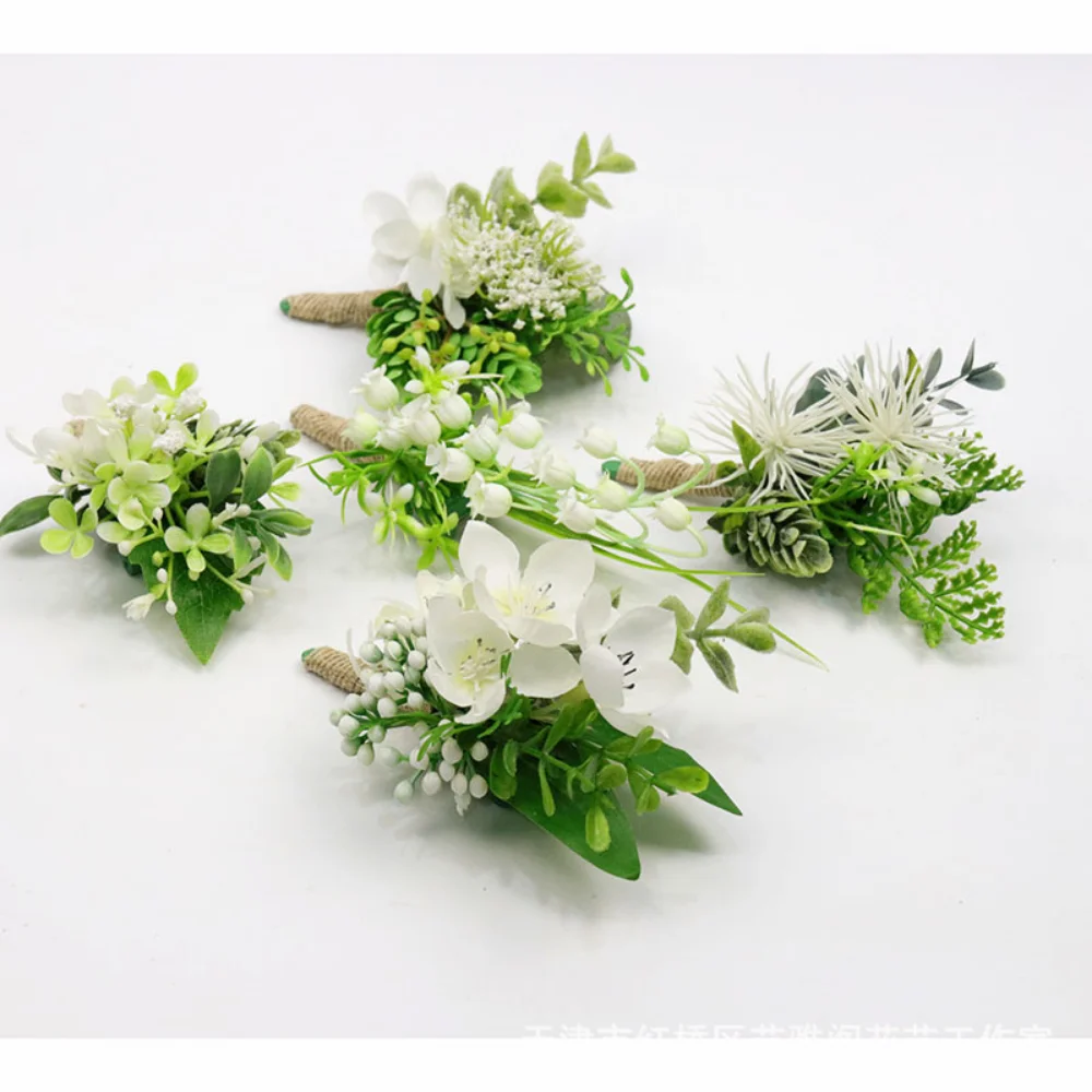 Boutonnieres DE BODA blancos simples para hombres, alfileres de flores, flores de seda, ramillete de muñeca para dama de honor, pulsera, fiesta de novio, decoración de reunión