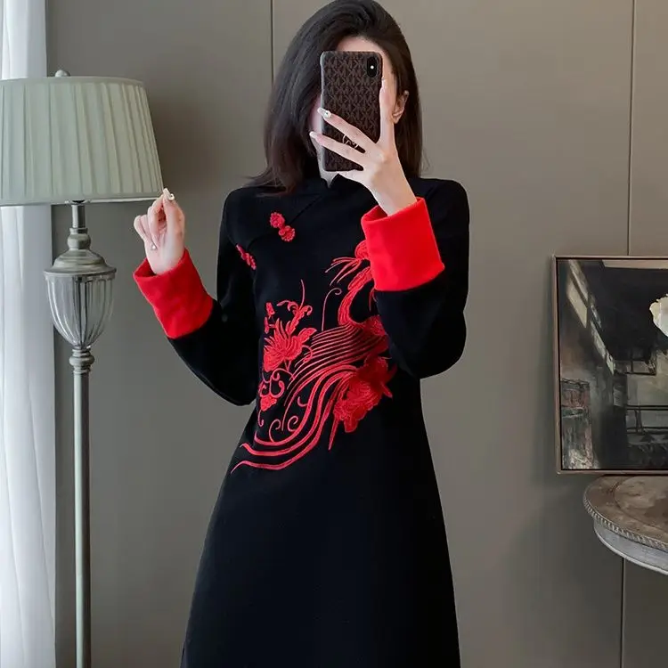 Black New Chinese Disc Button Dress Women High-Quality National Style Skirt