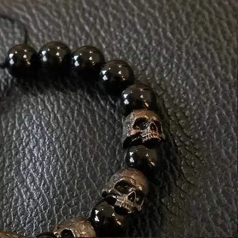 Dark Vintage Style Charm Mens Adjustable Bracelet Horror Skull Black Beads Statement Steampunk Gothic Accessory Fashion Jewelry