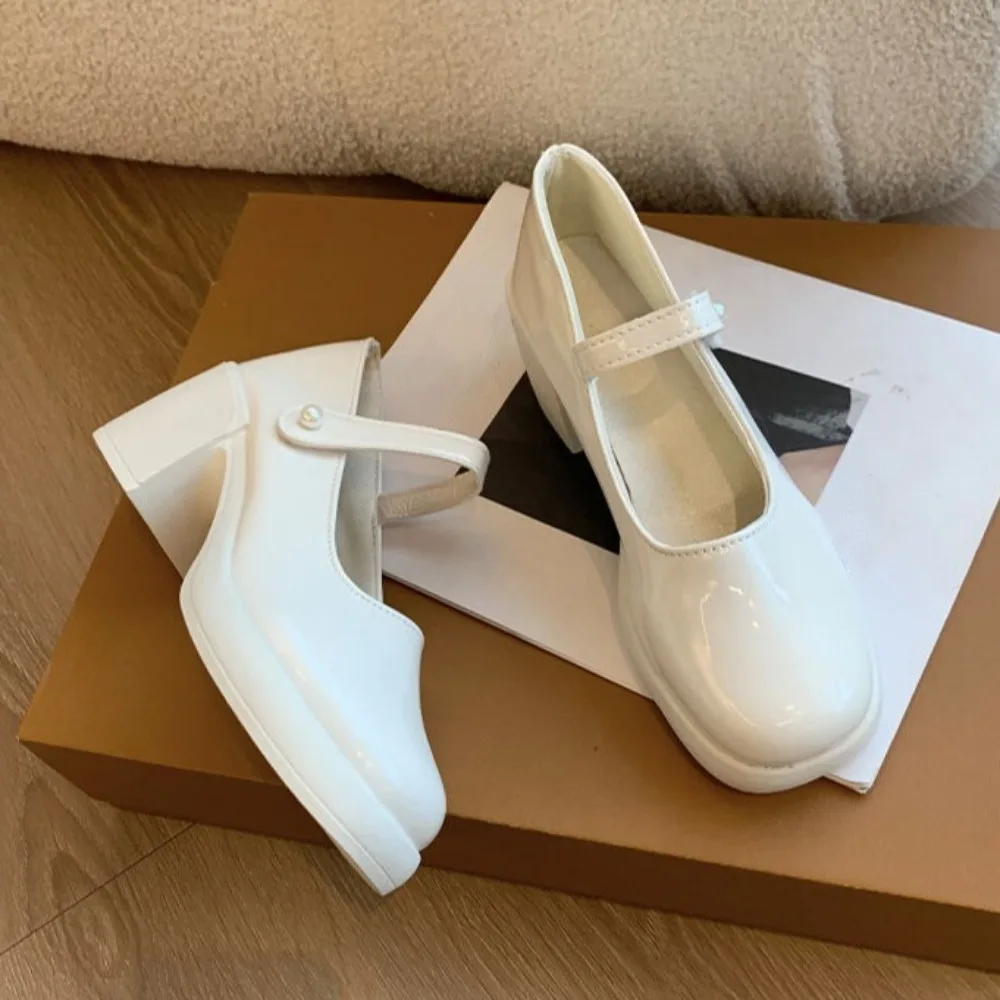 

Casual Square Toe High Heels Shoes JK Solid Leather Heeled Lolita Shoes Platform Pumps Ankle Buckle Mary Jane Shoes Cosplay