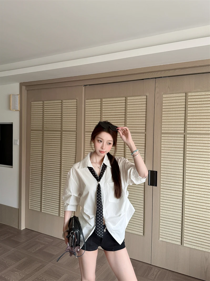 

Kumikumi Women's Casual Neck Long Sleeve Shirt Summer Slimming Folded Waistline White Color Leisure Top Fashion Style