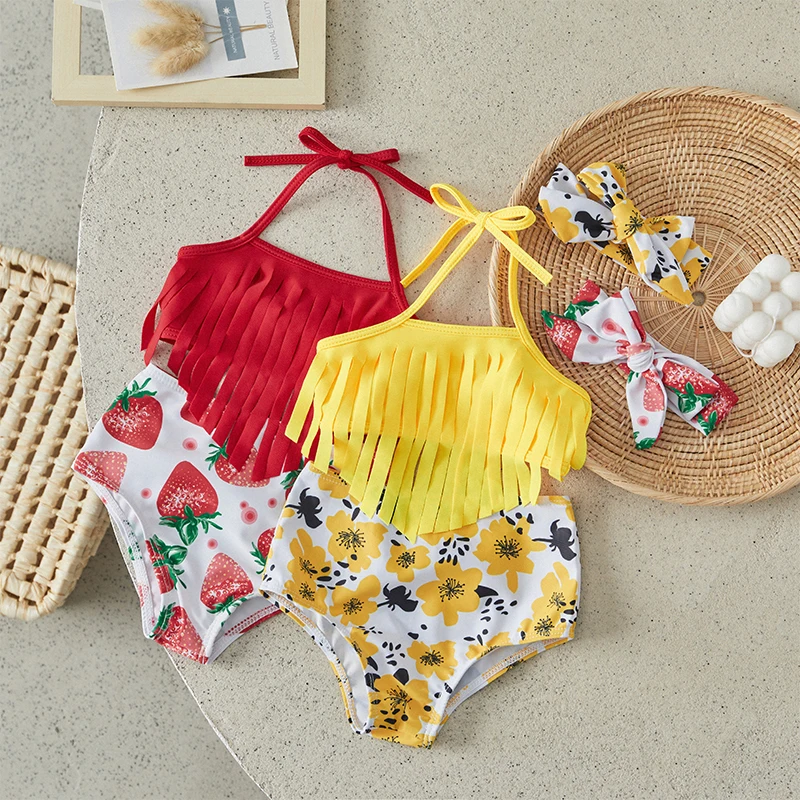 

Suefunskry Toddler Girls 3Pcs Swimsuits Solid Color Tassel Tops Strawberry/Flower Print Shorts Split Bathing Suit Swimwear Set