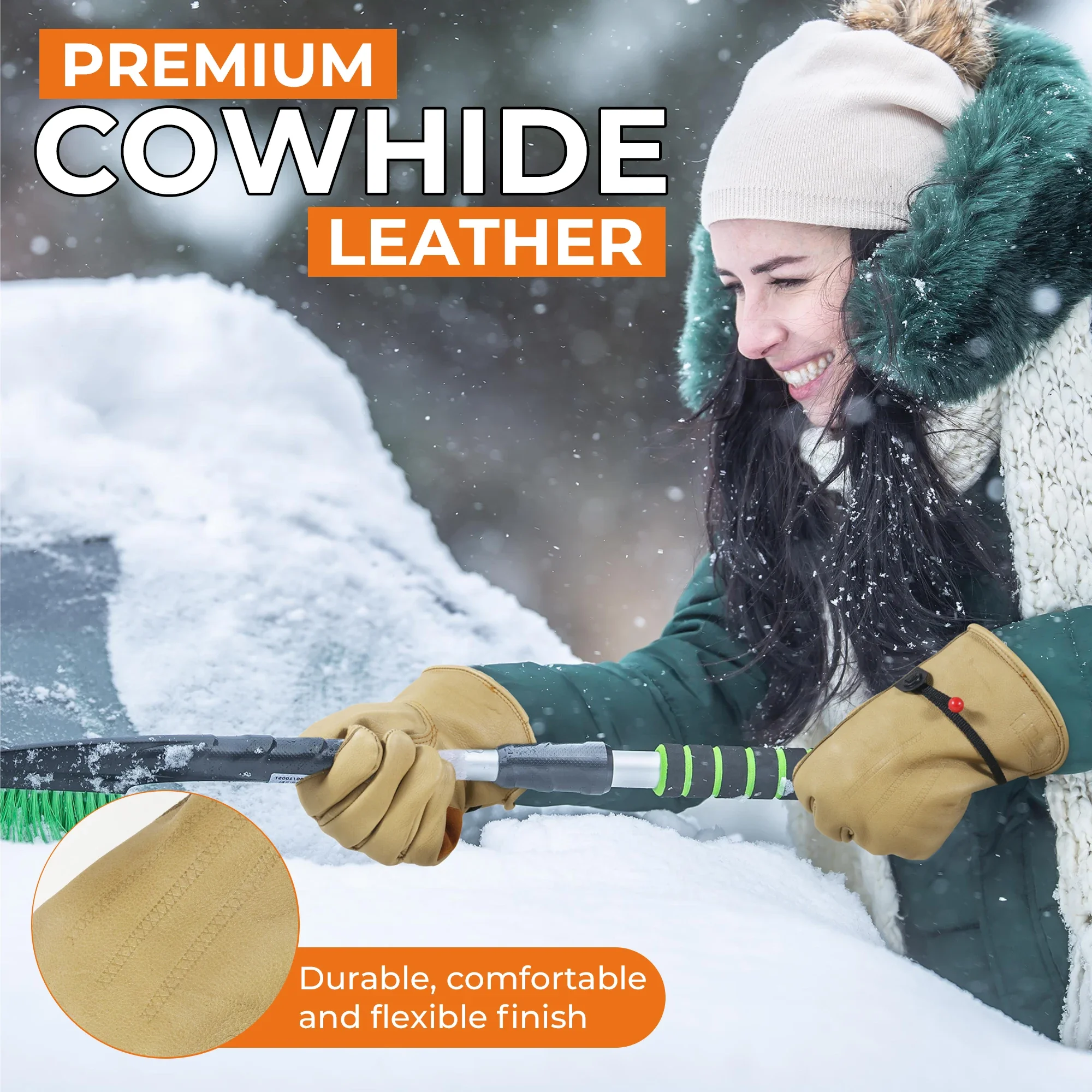 Handlandy luvas de inverno durabilidade tiras ajustáveis motorista ao ar livre inverno forro quente luvas de couro de trabalho