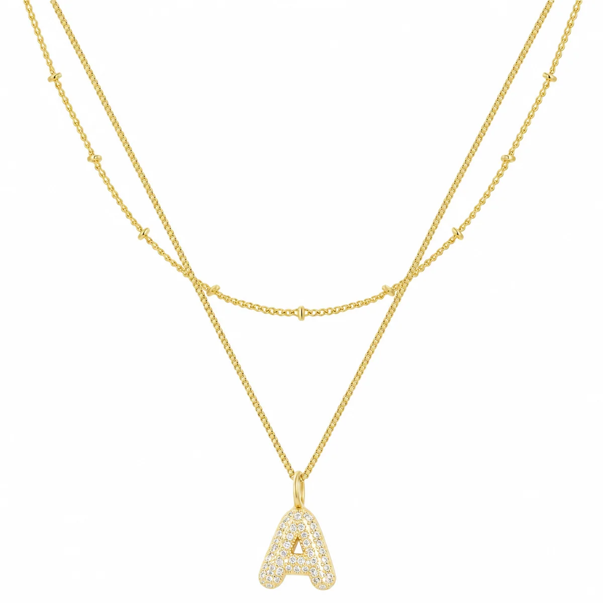 Vergoldete Buchstaben-Halskette für Damen und Herren, Initialen-Anhänger mit Zirkonia-Perlen, mehrlagiger Schmuck, Geschenk, modisches Accessoire, Geschenkidee. – Detail 4