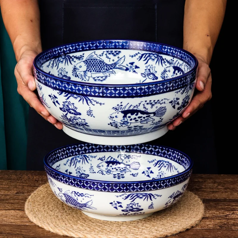 Blue And White Porcelain Bowl Ceramic Tableware Commercial Big Soup Bowl Chinese Antique Pickled Bowl Household