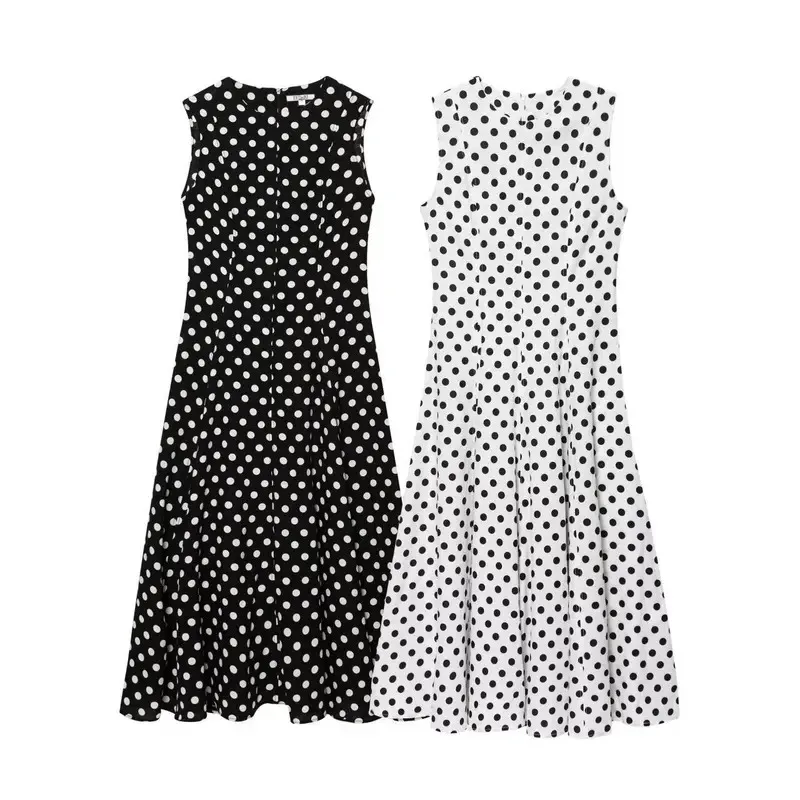 

Elegant Polka Dot Sleeveless Vest Dress round Neck Long Gown for Women Summer 2025 Fashion Casual Holiday Party Ladywear