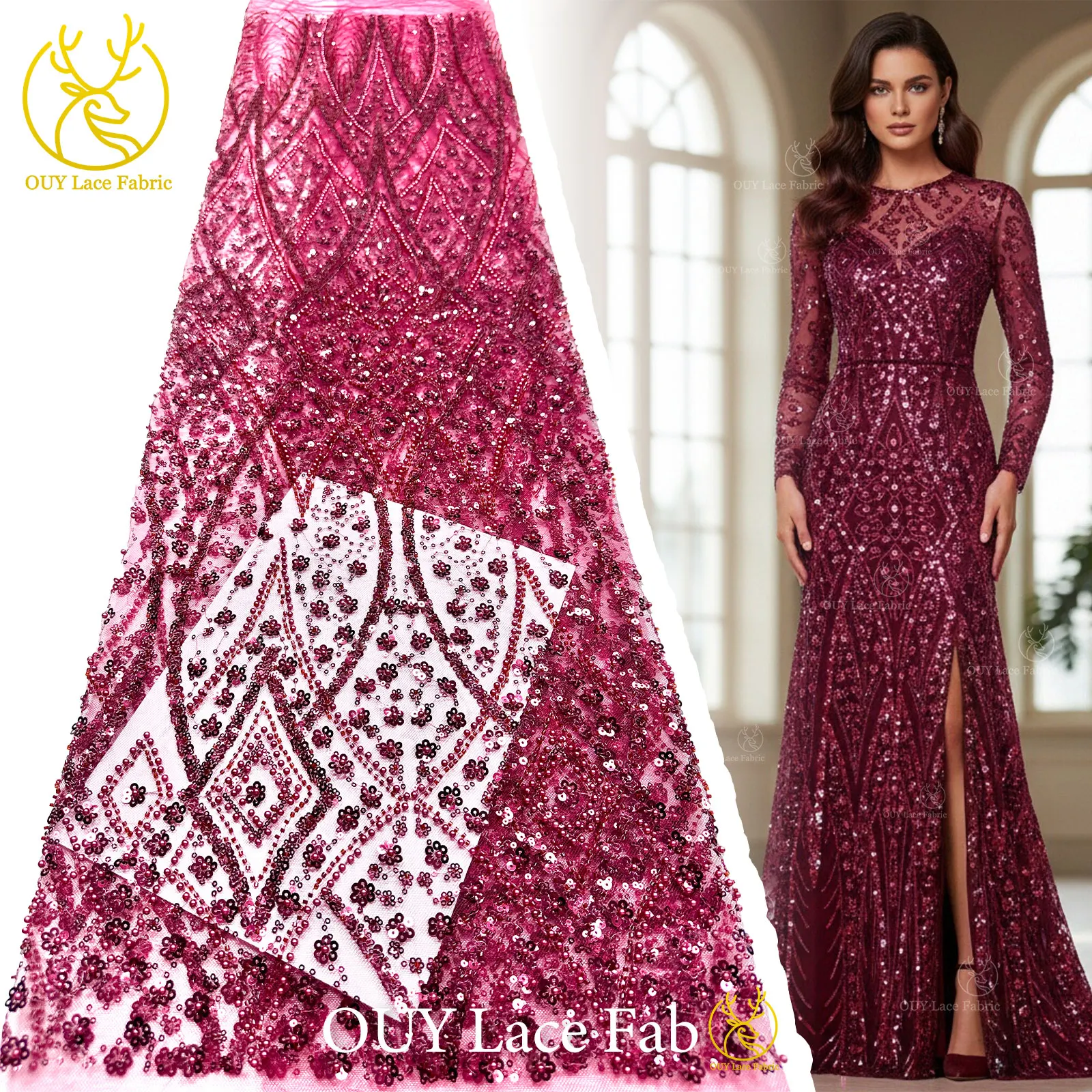 

Красная африканская кружевная ткань с бисером, 5 ярдов, высококачественная французская кружевная ткань с пайетками, для пошива свадебных и вечерних платьев для нигерийских женщин