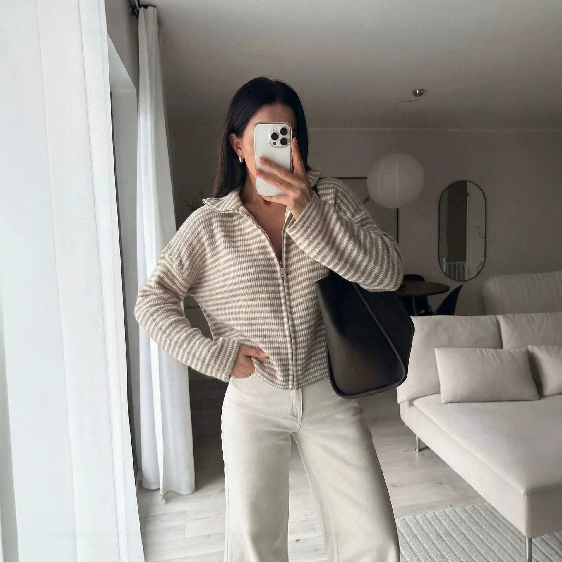 Turn Down Collar Zipper Jacket Regular Length Casual with Stripe Cardigan Striped Long Sleeve Heat Set Finish Women Sweater