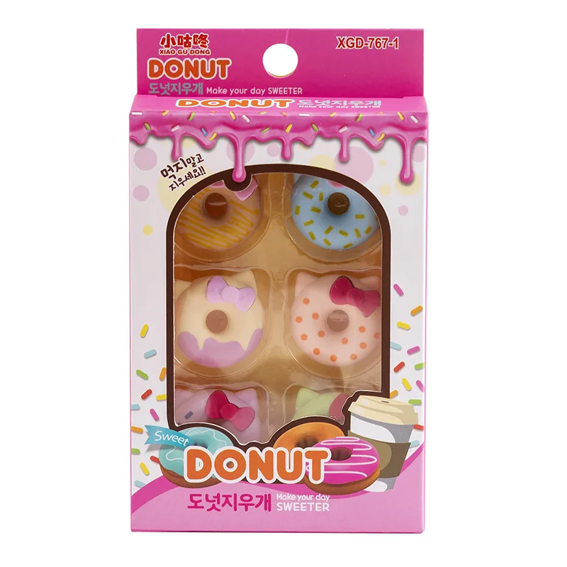 Gato bonito Donut Lápis Eraser Set, Escrita e Desenho Borrachas De Borracha, Kawaii Candy Color, Material Escolar Estacionária, Presentes, 6Pcs por Caixa