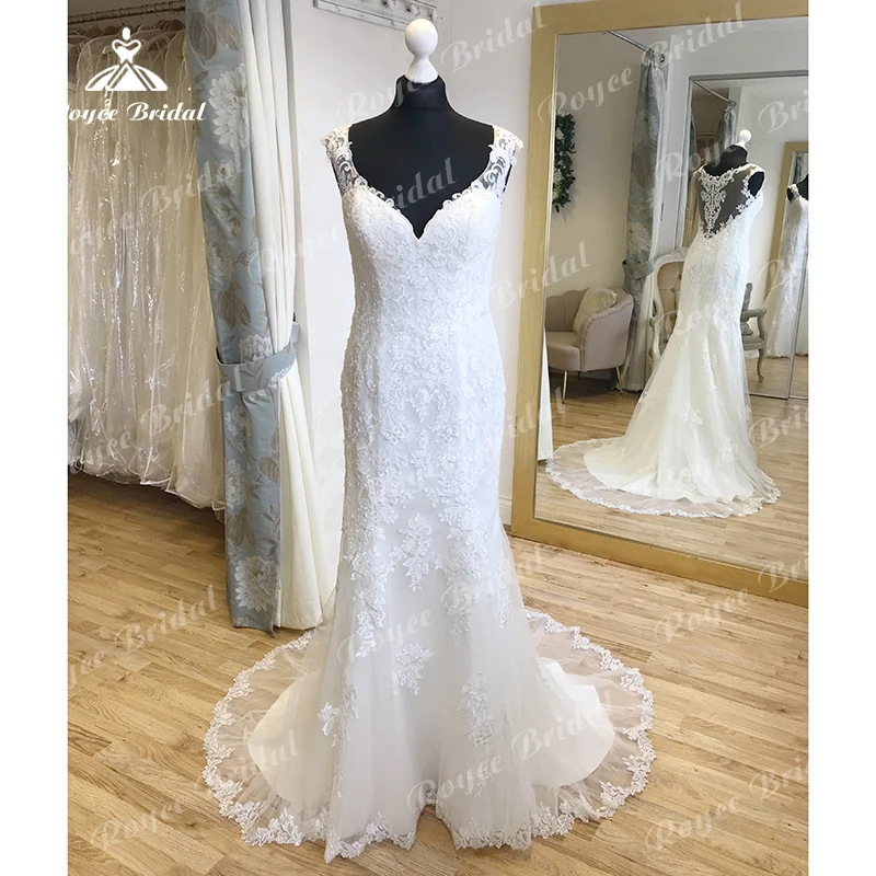 Sexy Boho V-neck Off the Shoulder Illusion Back Button Lace Appliques Mermaid Wedding Dresses Tulle Bridal Gowns Sweep vestidos