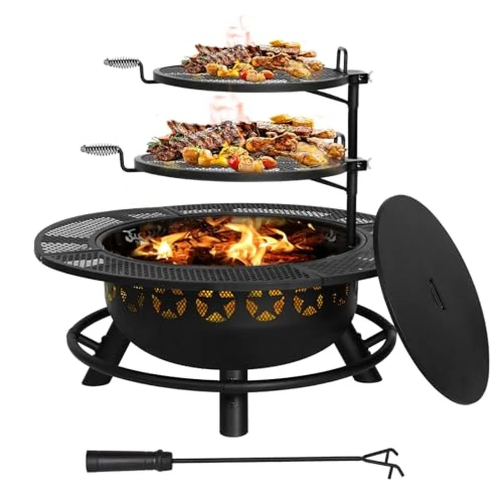 35 Inch Fire Pit with 2 Cooking Grate & Charcoal Pan Outdoor Wood Burning BBQ Grill Firepit Bowl with Cover Lid Steel