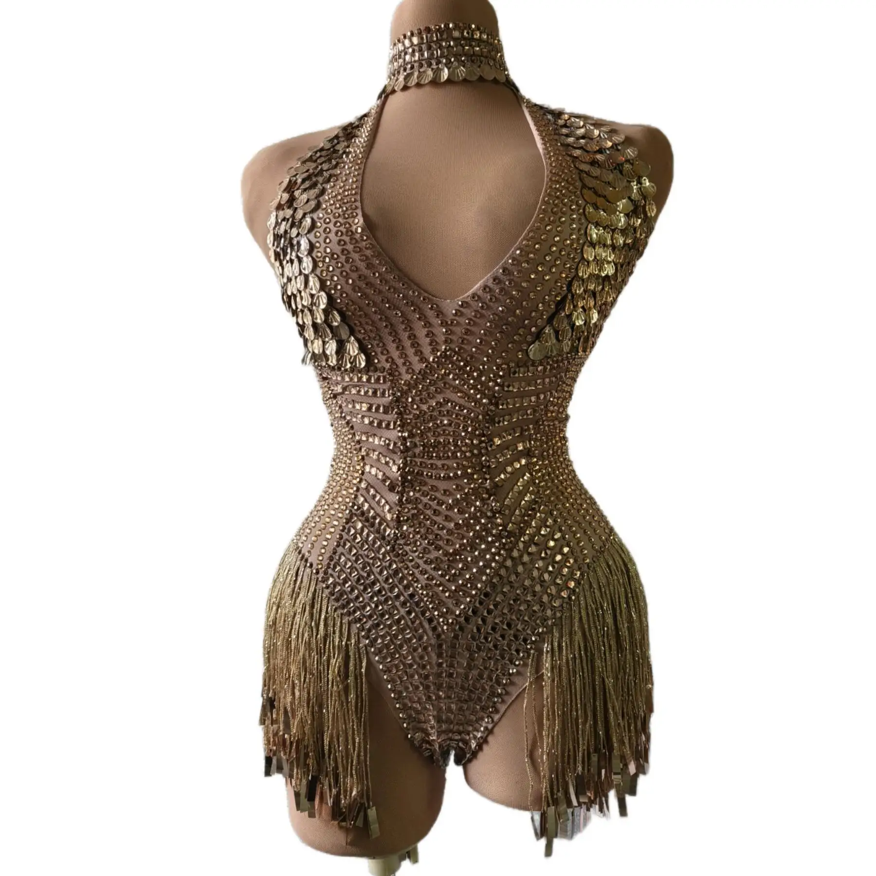 Ouro brilhante lantejoulas cristais tassel bodysuit sexy dança traje feminino noite celebrar cristais vestidos coleções de aniversário