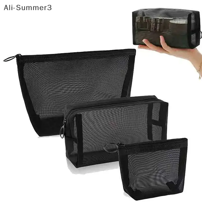 Malha clara sacos de cosméticos pequeno grande preto saco de maquiagem portátil viagem organizador caso batom bolsa de armazenamento