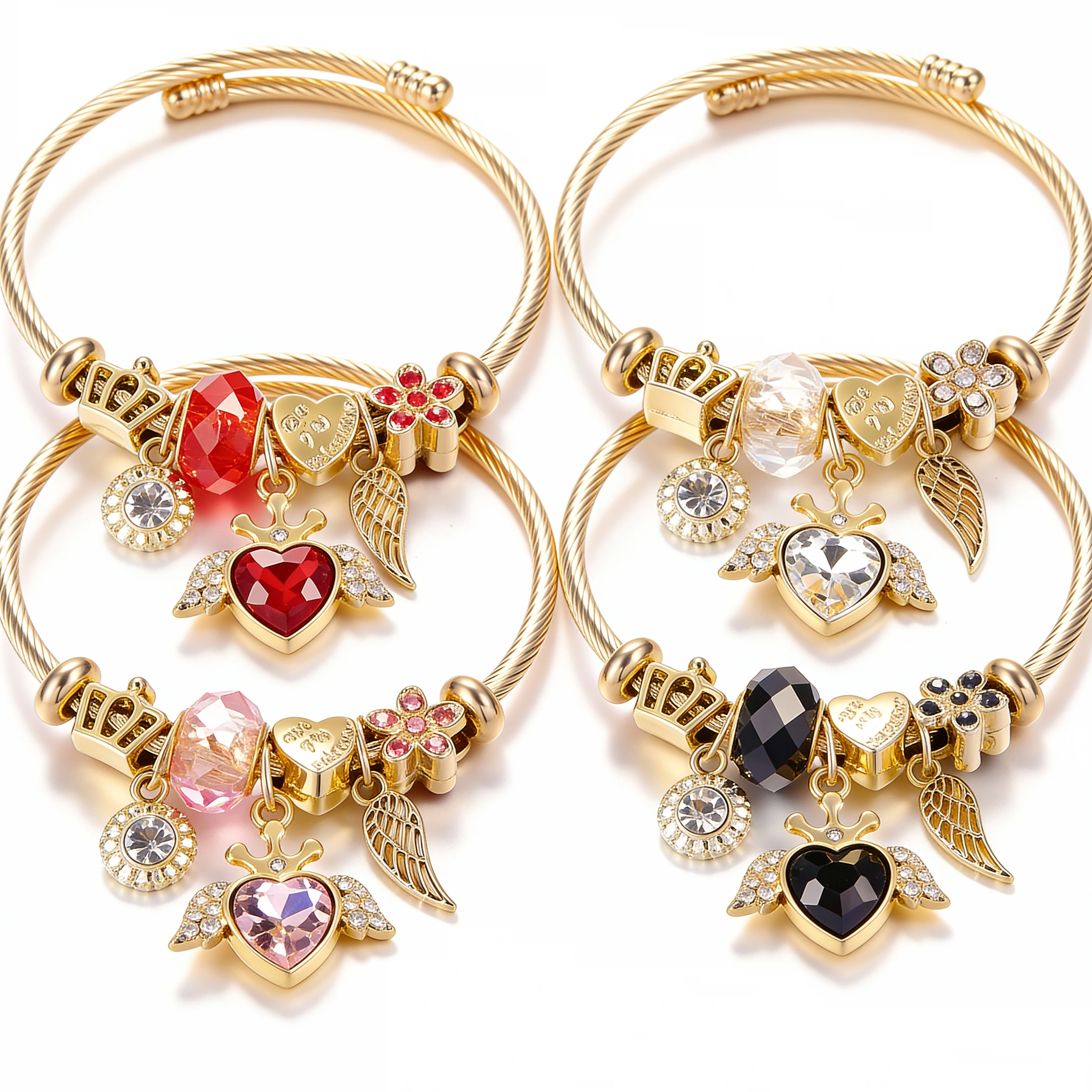 Rhinestone Heart Shaped Angel Wings Pendant Crystal 4 Colors Beaded Bracelet Stainless Steel Closure Bangle Women Trendy Jewelry