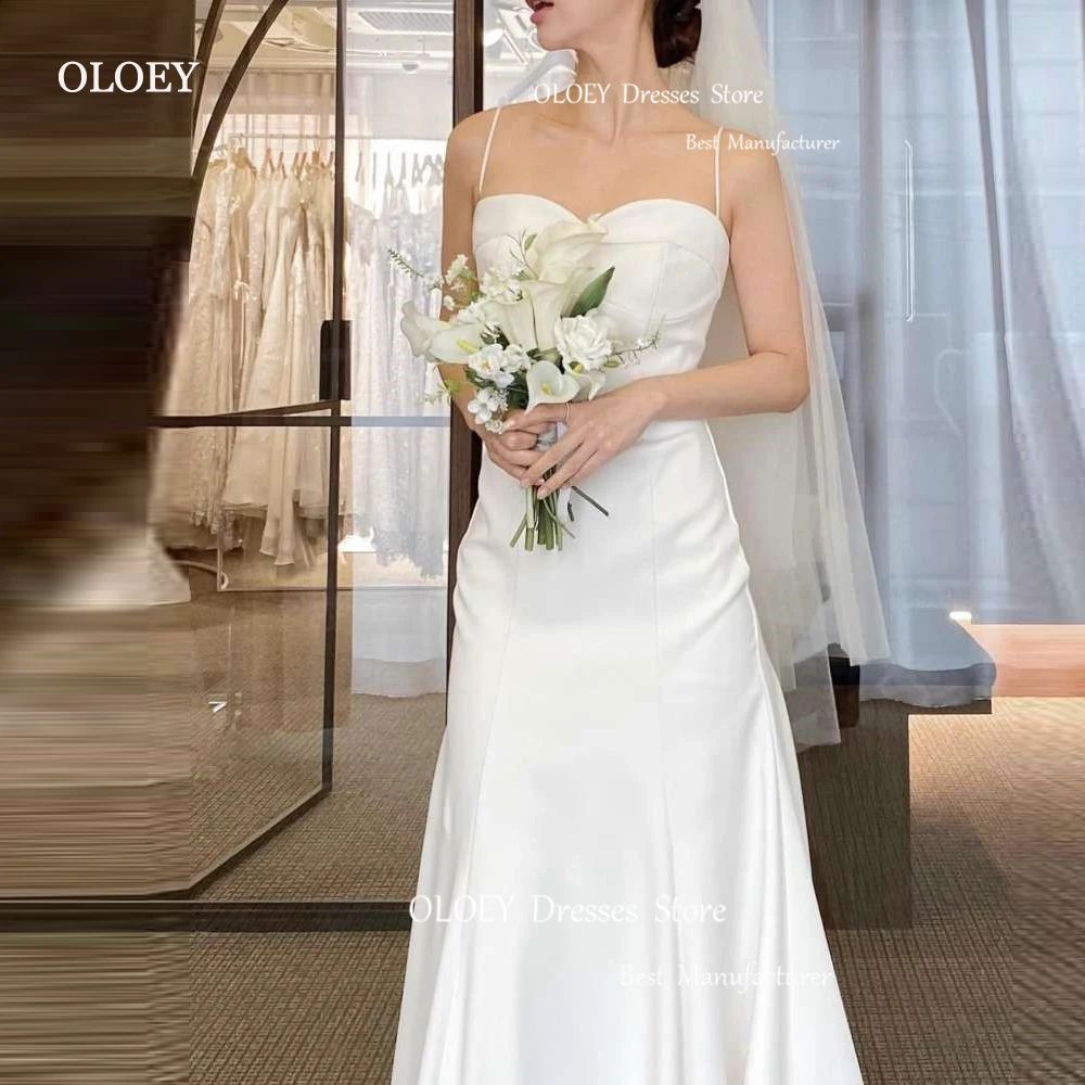 OLOEY Simple A Line Soft Satin Korea Wedding Dresses Spagheeti Straps Corset Back Floor Length Bridal Gowns Tulle Veil