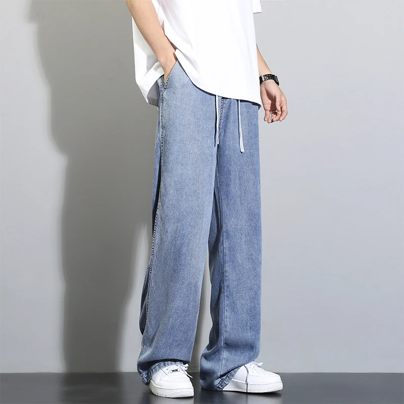 Summer Lyocell Fabric Washed Men's Jeans Soft Thin Loose wide-leg Straight Pants  Elastic Waist Casual Trousers Sweat Pants