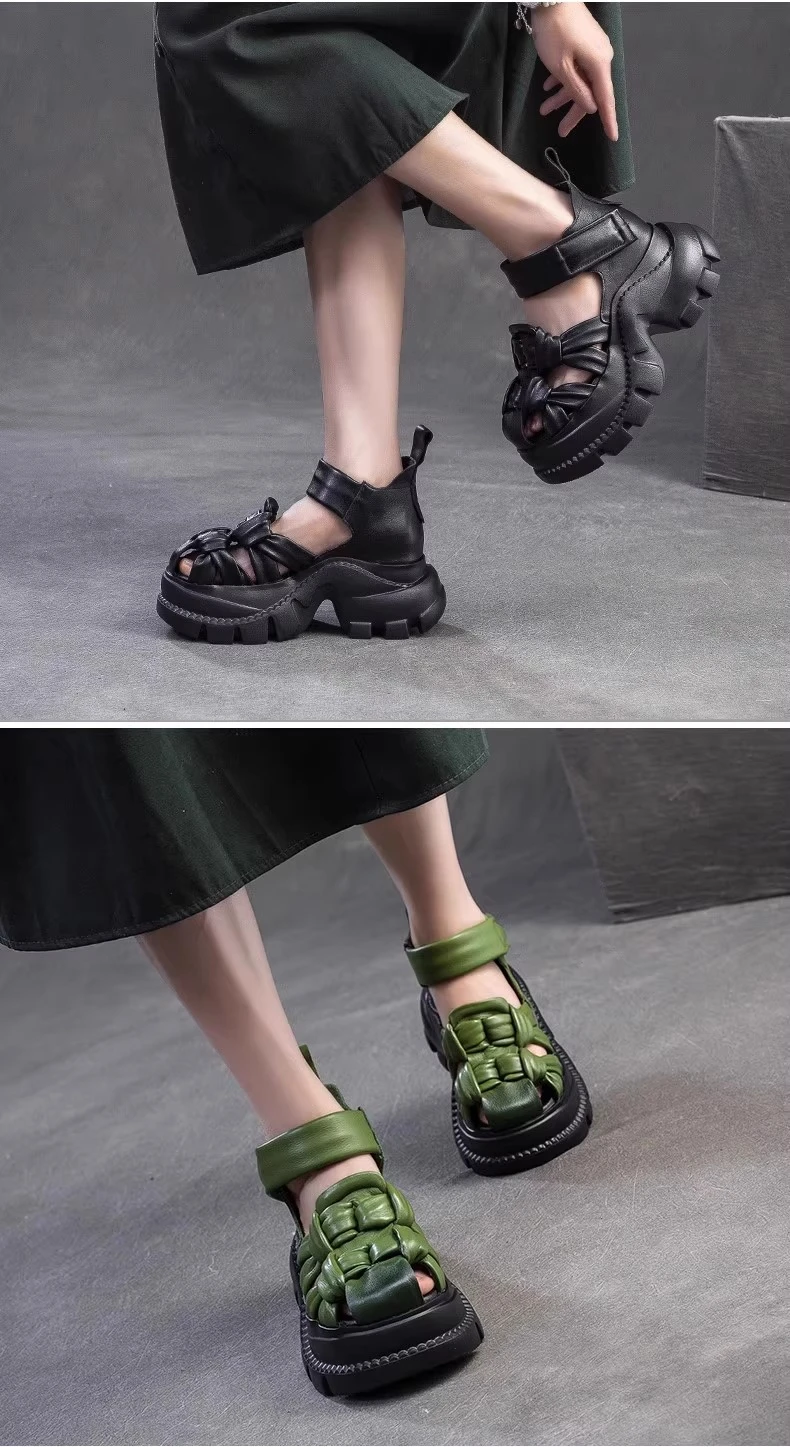 Sandalias de cuero genuino con tacón de plataforma para mujer, recién llegadas, trenzadas hechas a mano, cómodas y transpirables, novedad de verano 2025