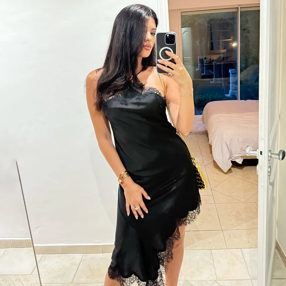 

Talenza Elegant Satin Asymmetric Lace Patchwork Dress Women Solid V-neck Sleeveless Sling Dresses Summer Lady High Street Robe