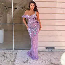 Purple One Shoulder Strap Crystals Beaded Mermaid Evening Dresses Sleeveless Long Arabic Wedding Party Gowns Sequins Prom Robes