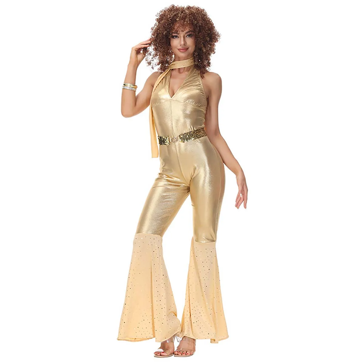 Woman Sexy 70s 80s Hippie Costume Carnival Halloween Party Vintage Rock Disco Fancy Dress Up Hippie Cosplay Jumpsuit