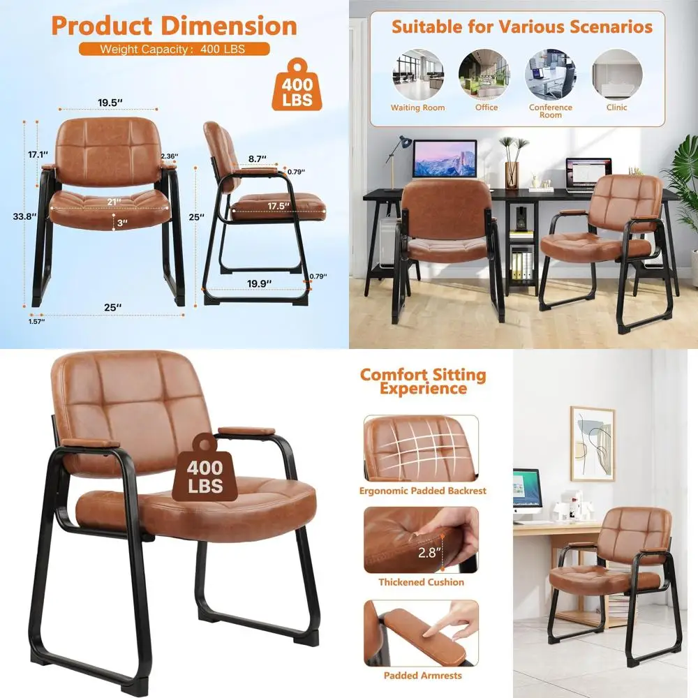 

Кожаное кресло для высоких и крупных людей, грузоподъемность 400 фунтов, офисное кресло для зала ожидания с мягкими подлокотниками и широким сиденьем, коричневое