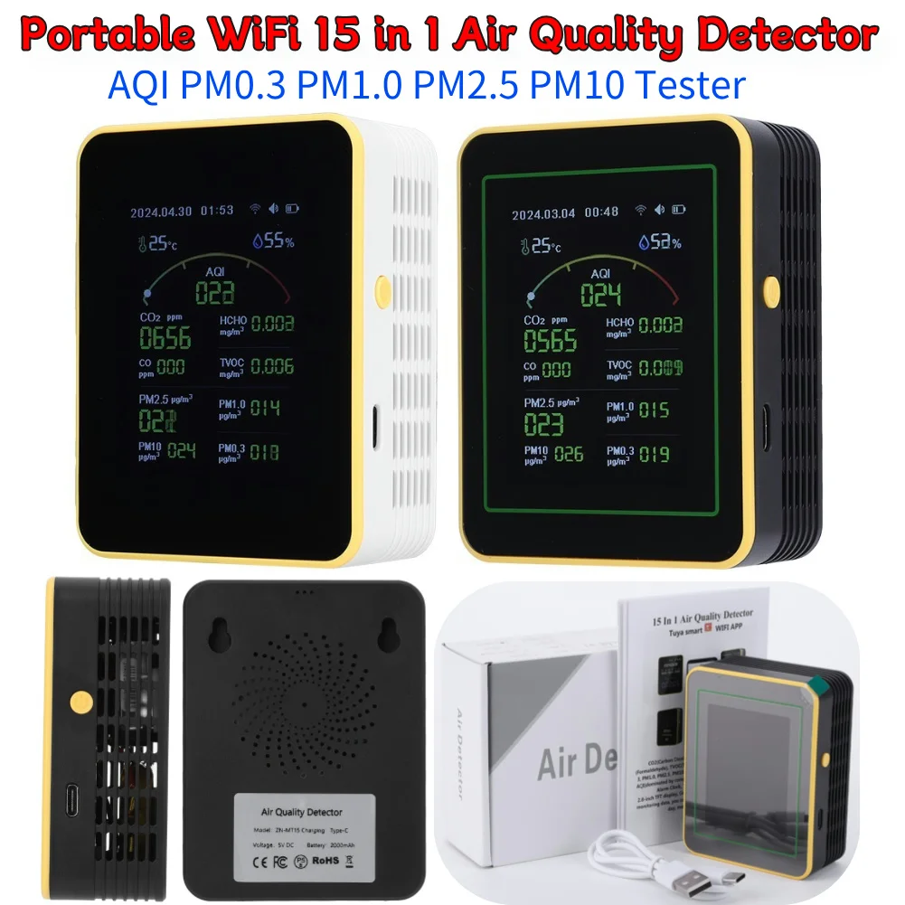 

WiFi 15 in 1 Air Quality Detector Temperature Humidity Tester LCD Display CO2 Detector Accurate Carbon Dioxide Detector for Home