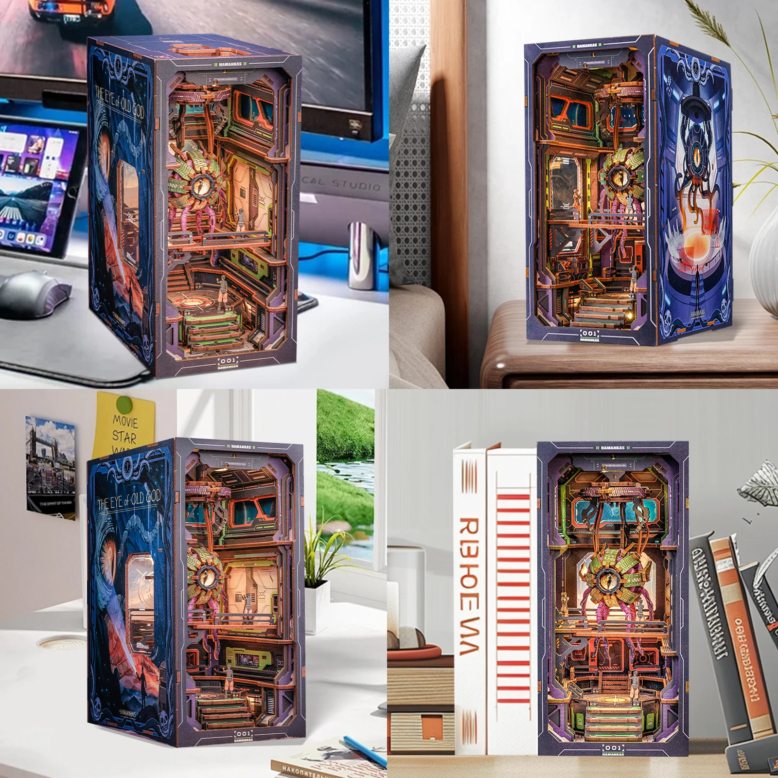 CUTEBEE DIY Book Nook Kit The Eye of Old God Miniature Dollhouse with LED Light Dust Cover 3D Wooden Puzzle Bookshelf Insert