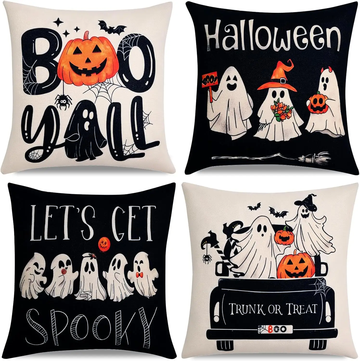 4 Fundas de almohada de Halloween 18x18 - decoración gotica fantasma en naranja quemado negro blanco، otoño espeluznante