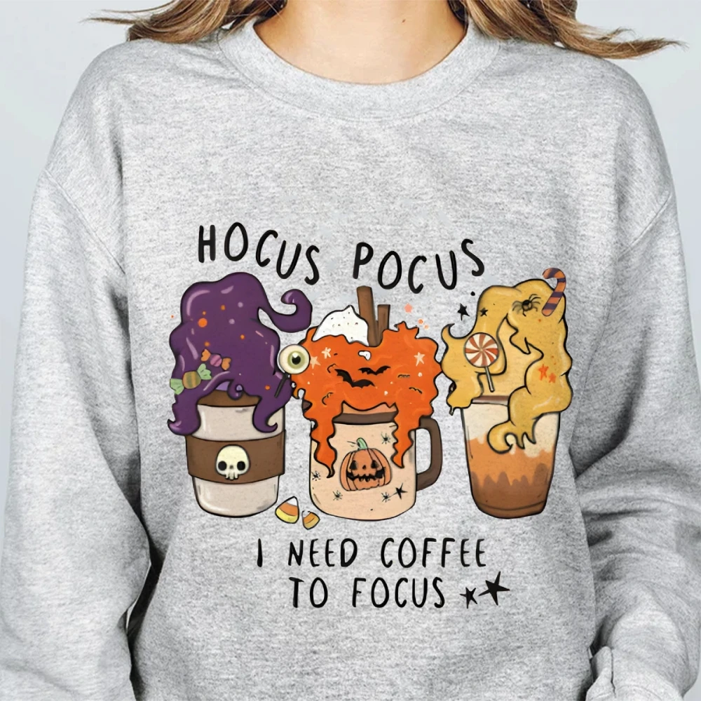 โฮคัส โพคัสกาแฟโฟกัสตลกกราฟิกเสื้อกันหนาวเรโทร วินเทจฮาโลวีนธีมฤดูกาลเสื้อผ้าสวมใส่สบายๆสำหรับผู้หญิงผู้ชาย