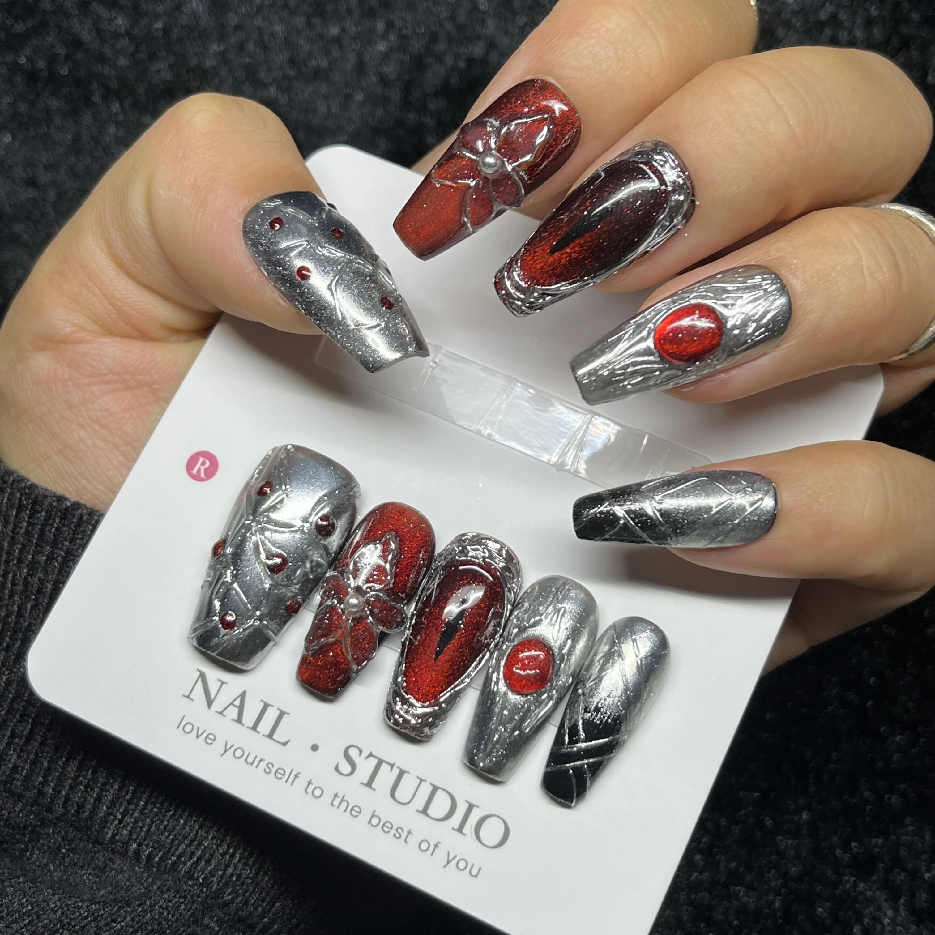 

10PCS 3D Gothic Press on Nails Long Coffin Silver Red with Floral Rhinestone Punk Edgy Cool False Nails Handmade Nails for Women