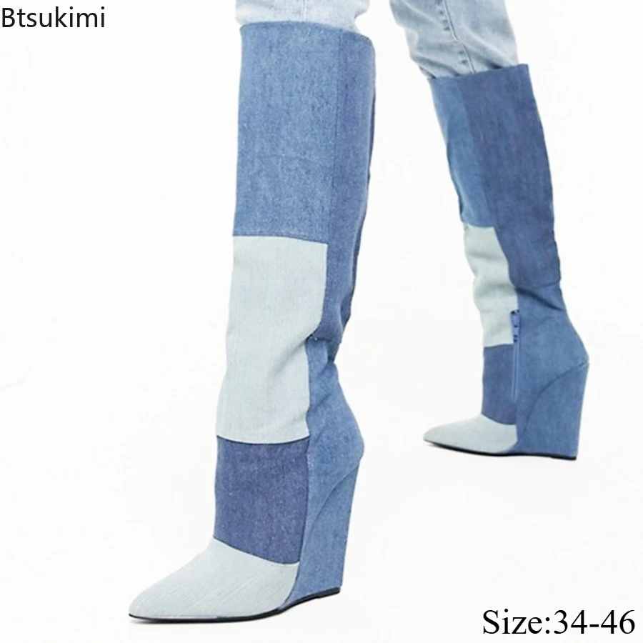 New Women's Color Block Patchwork Denim Knee High Boots Pointed Toe Wedge Heel Vintage Fashionable Ladies Party Tall Dress Boots