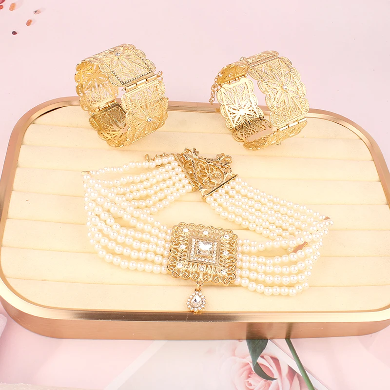 Algerian Wedding Jewelry Set for Women Necklace Neck Chain Square Gold Plated Pendant Cuff Bracelet Moroccan Arabic Jewelry