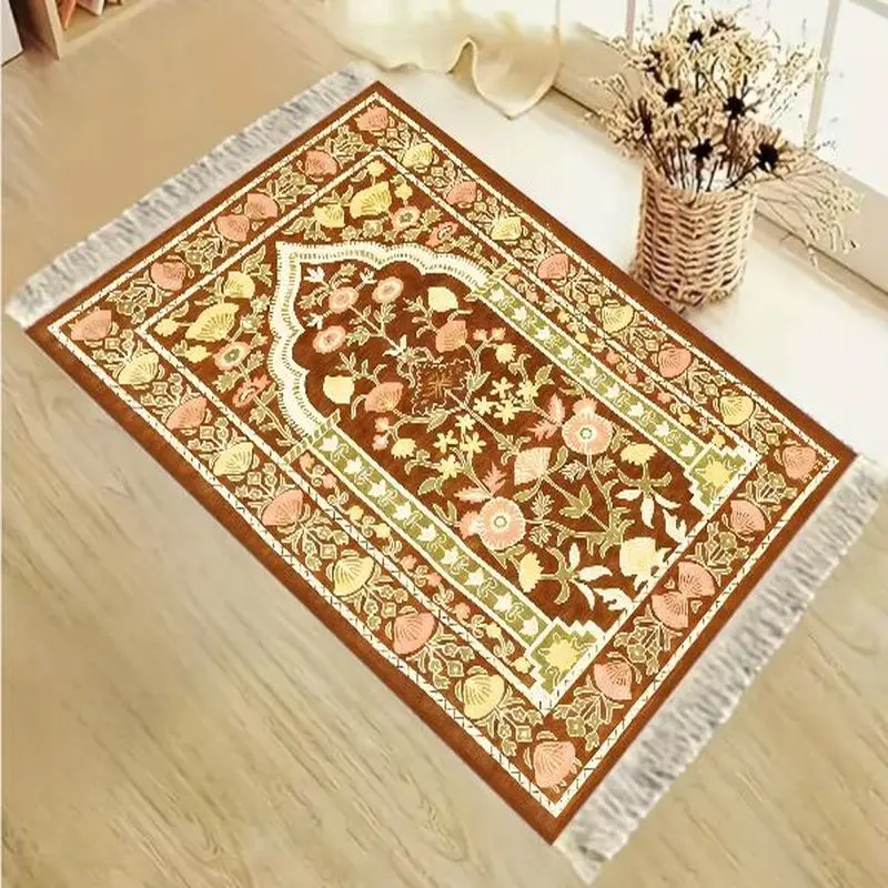 VIKAMA Vintage Floral Arch Islamic Prayer Mat Foldable Portable Muslim Janamaz Sajadah Rug Non-Slip Washable Ramadan Eid Gift