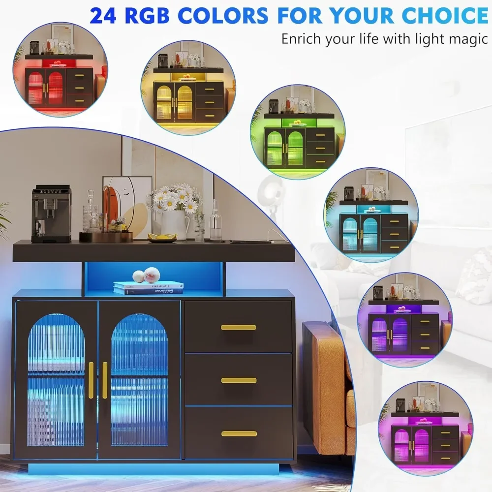 Sideboard Buffet Cabinet with Charging Station, Auto Sensor Kitchen Storage Cabinet with RGB 24 Color Lights, Coffee Bar Cabinet