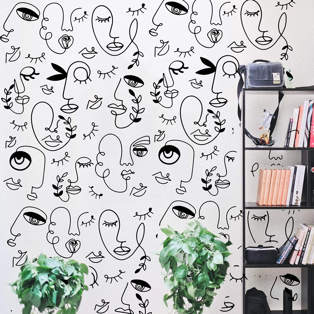 Geometric Abstract One Line Faces Wall Sticker Living Room Eye Leaf Flower Girl Face Wall Decal Bedroom Vinyl Home Decor (