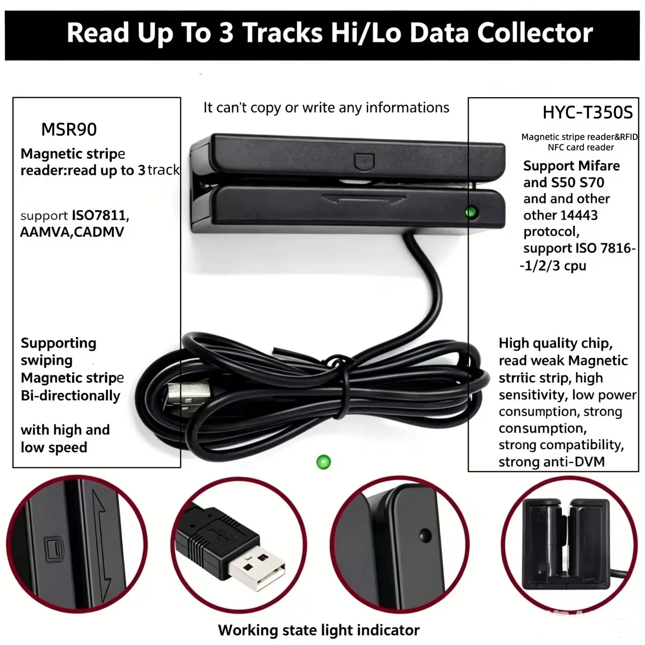 MSR90 3tracks Magnetic Stripe Card Reader Only NFC RFID Plug And Play Contactless Mini USB Swipe Magstripe Card Reader
